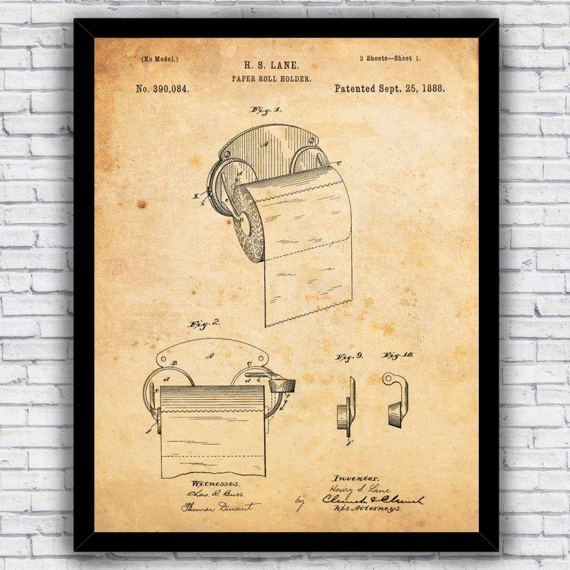 Toilet Paper Roll Holder Patent Blueprint Bathroom Wall Art Print