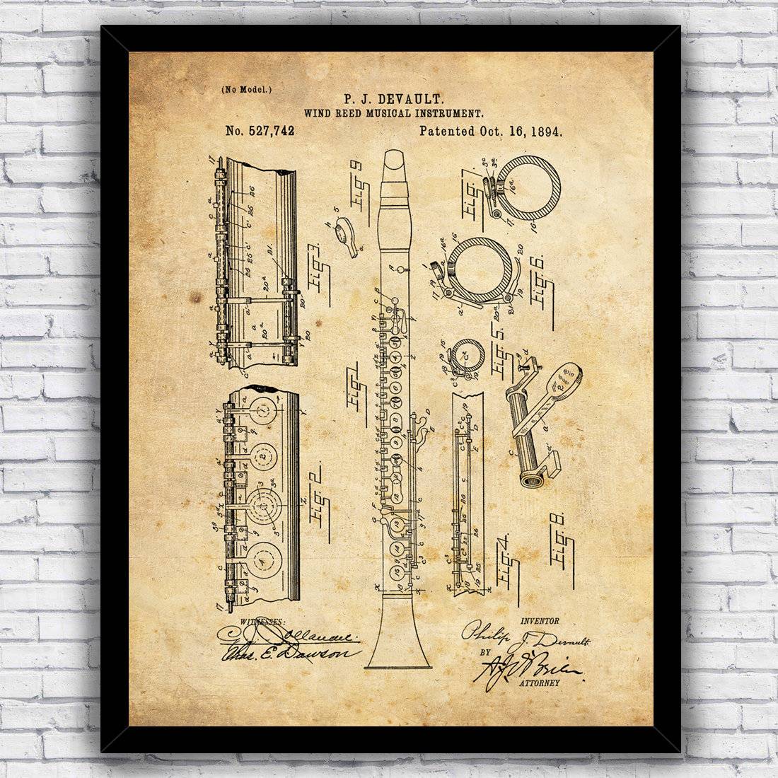 Clarinet Woodwind Music Instrument Patent Blueprint Wall Art Print