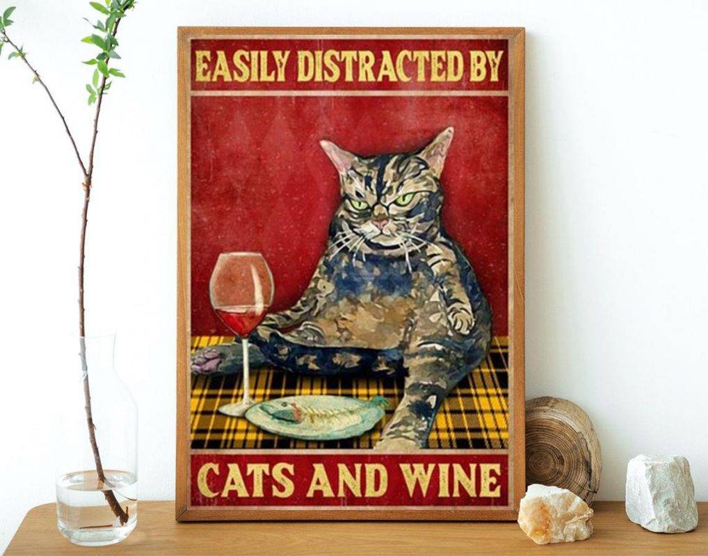 Love Cat Poster, Easily Distracted By Cat And Wine Poster, Vintage Cat ...