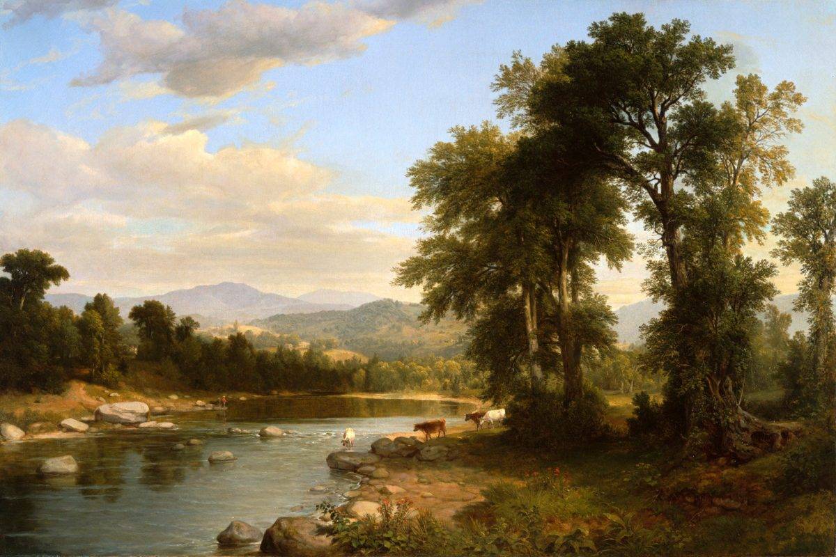 A River Landscape 1858 Cows Drinking Water Painting By American Asher ...