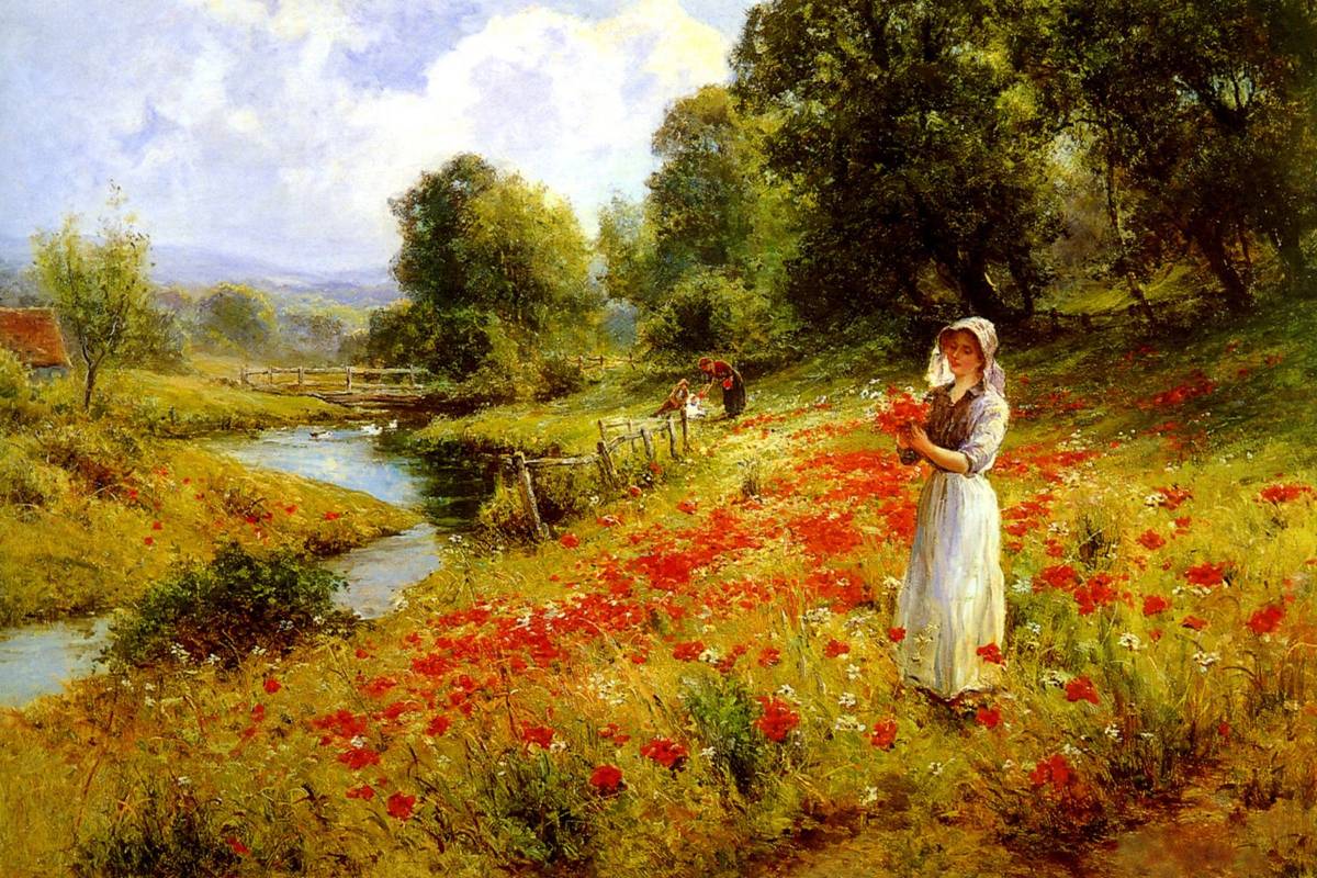 Flowers Of The Field Farm Woman Picking Wildflowers Painting By Ernest