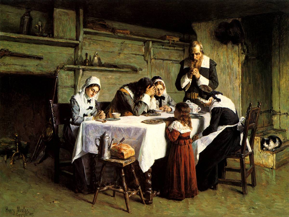 A Pilgrim'S Grace 1897 Puritan Family Thanksgiving Painting By Henry