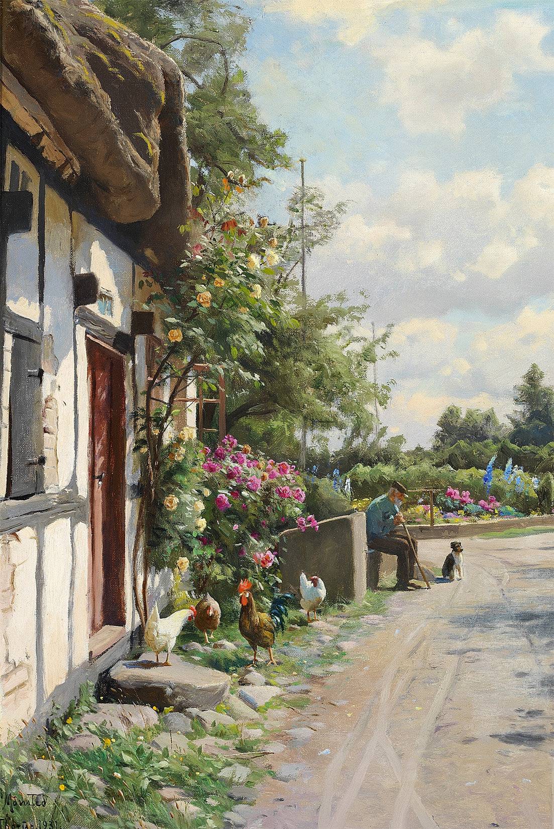A Cottage Garden With Rooster Dog Old Man Countryside Painting By Peder